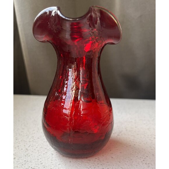 Blown Glass Red Vase Pitcher 5” Applied Clear Handle Crackle Glass Flute… - Picture 5 of 10